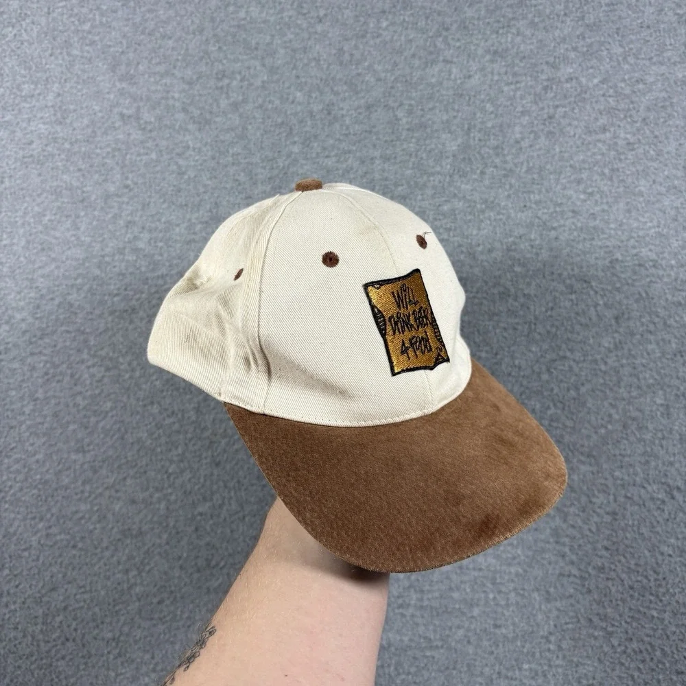 Vintage Will Drink Beer 4 Food Hat Cap Leather Strapback Two Tone Suede Bill KC